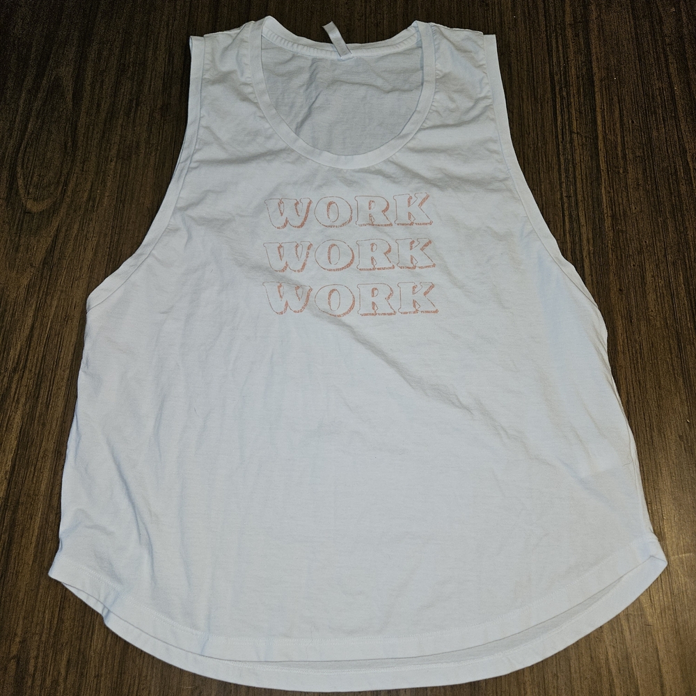Fabletics White Muscle Tee with Pink Text Size L